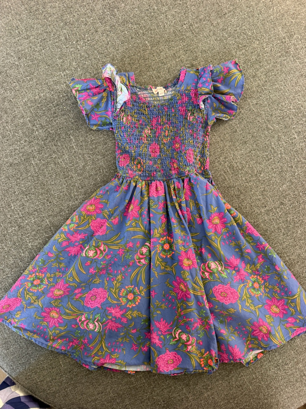 Girls' Blue Floral Smocked Dress with Pink Accents